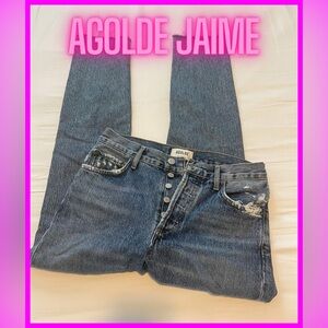 Agolde Jaime High Rise Straight Distressed Button Fly Jeans Size 25 Blue Denim